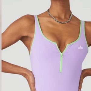 ALO Yoga Lavender and Neon Green Bodysuit